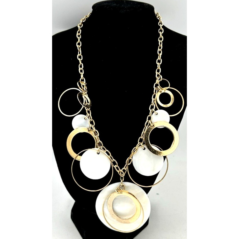 Park Lane Bib Necklace Mother of Pearl Gold Tone Round Ring Charm Disc Boho 16"